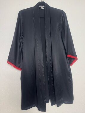 August Moon Black Silk Kimono Robe Red Lace Trim